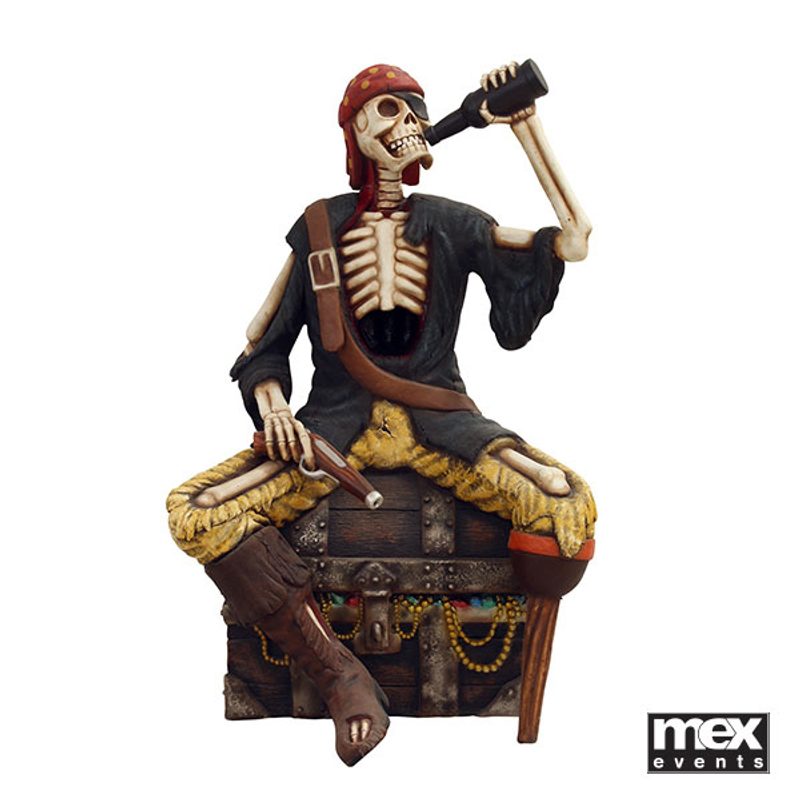 SKELETON PIRATE SITTING ON TRESSURE CHEST